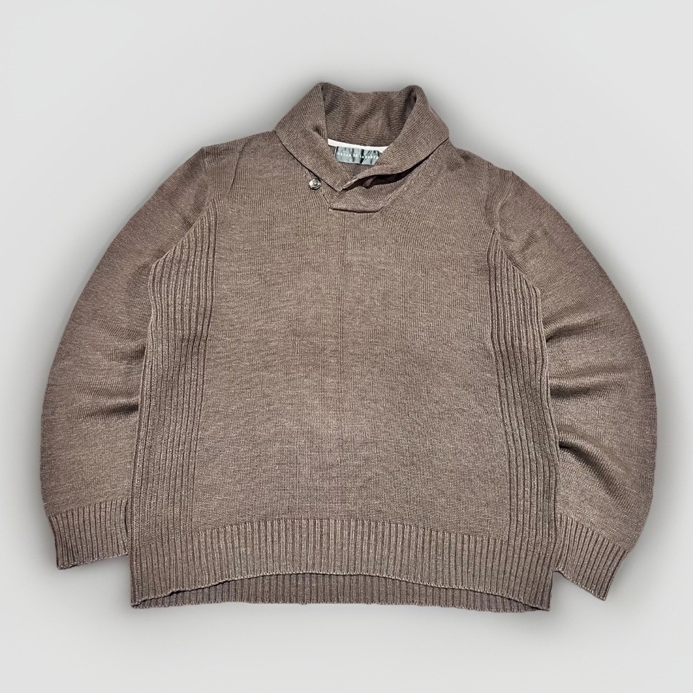 Oscar De La Renta Mens Brown Shawl Collared Ribbed Knit Sweater M Quiet Luxury